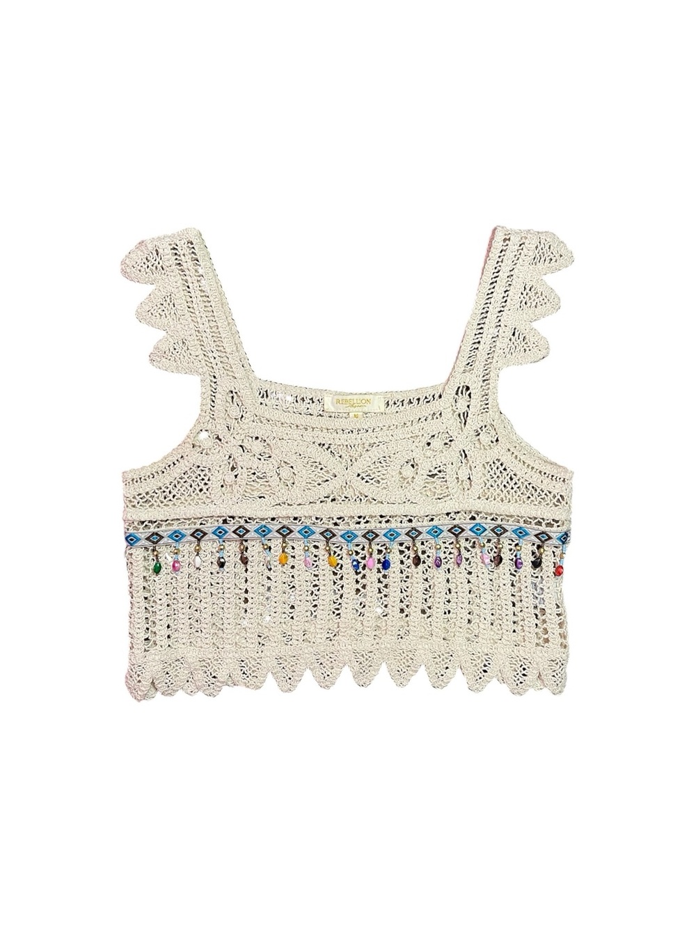 Rebellion Again Crochet Crop Top Medium Cream Multicolour Beaded Fringe
